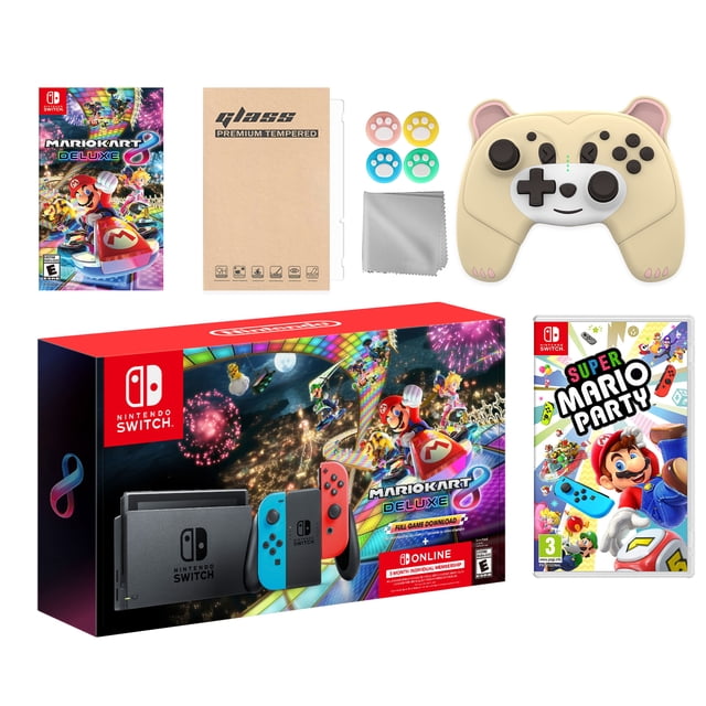 Nintendo Switch Mario Kart 8 Deluxe Bundle: Red/Blue Console, Mario Kart 8 & Membership, Super Mario Party, Mytrix Wireless Pro Controller Peary Yellow Bear and Accessories