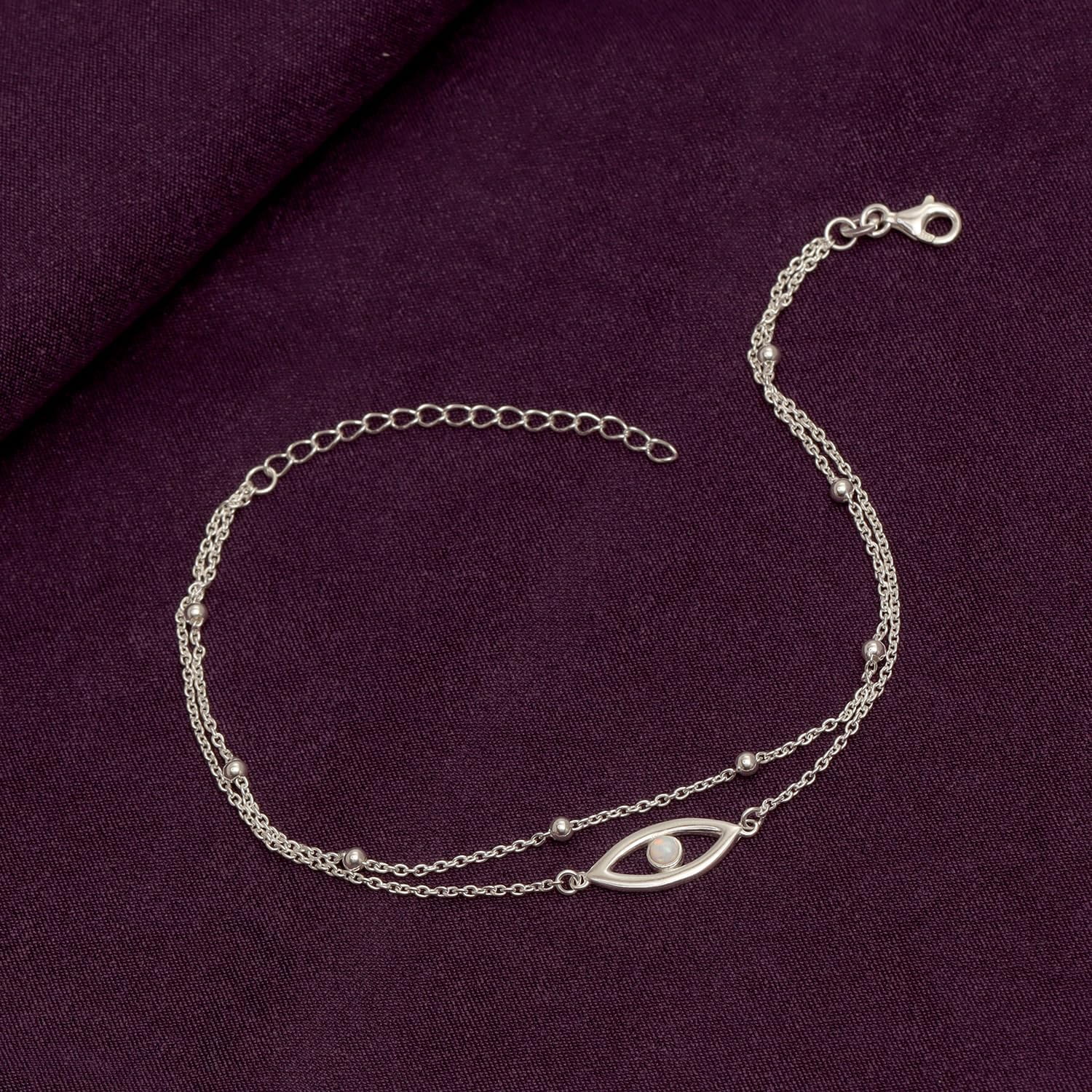LeCalla 925 Sterling Silver Created Opal Layered Evil Eye Beaded Adjustable Anklet for Teen Women