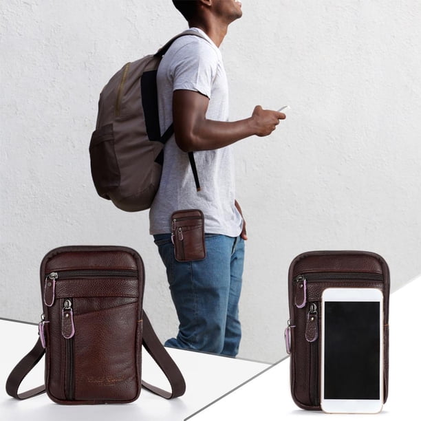 5 bolsas de hombro para teléfono con cremallera y mensajero informal de piel auténtica para hombre (marrón)