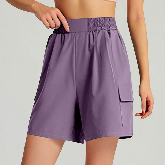 LVHAOGJOB Elastic Wasit Shorts for Women Plus Size Pants Solid Color with Pockets Athletic Ladies Workout Shorts Loose