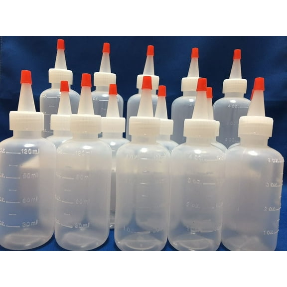 12 pack of 4oz (120mL) Plastic Boston Round Squeeze Bottles   Yorker Caps LDPE