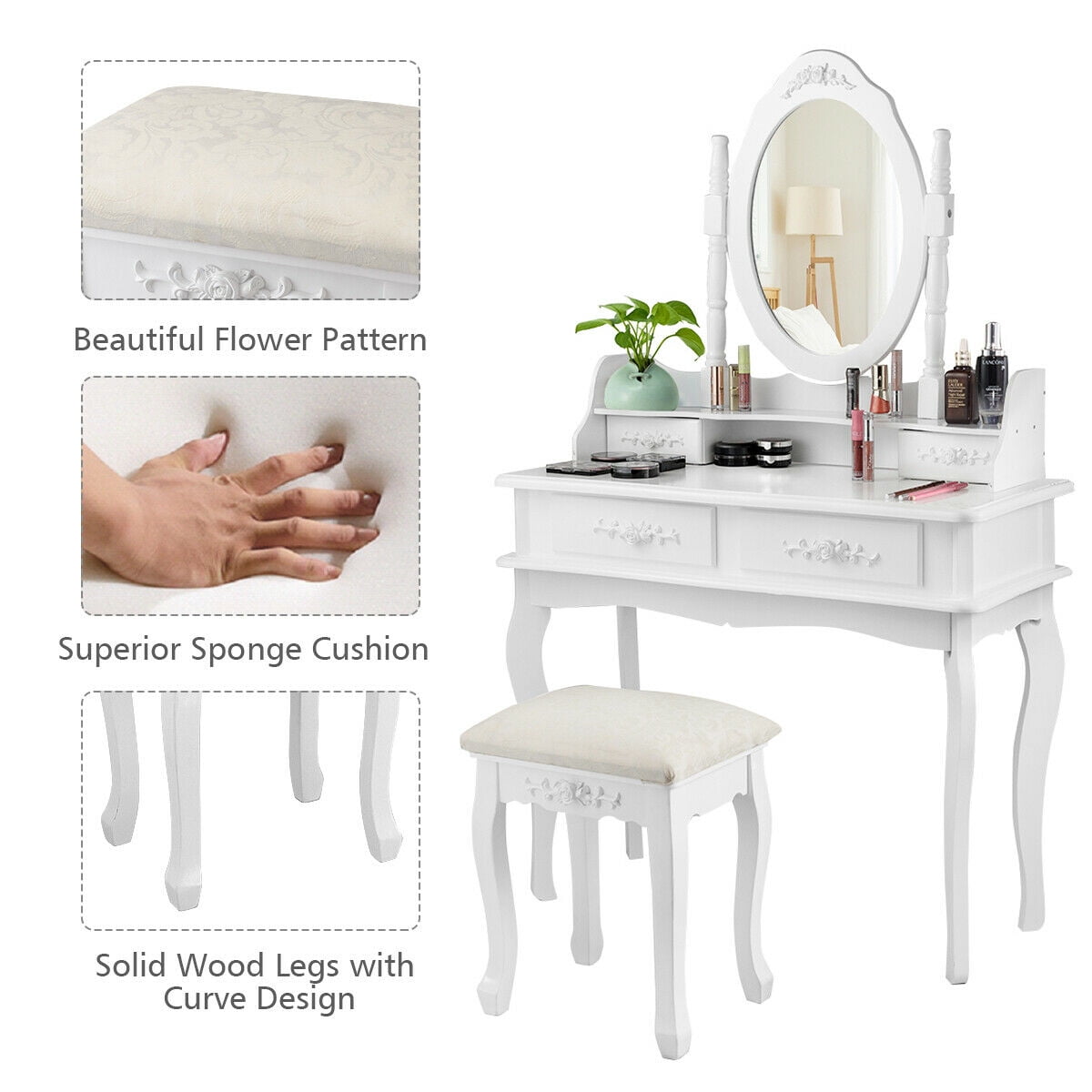 Makeup Dressing Table Vanity Set Mirror Jewelry Storage W Stool 4 Drawer