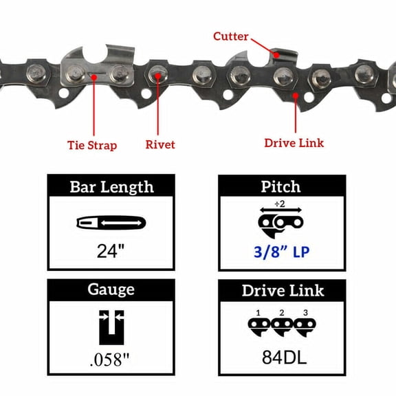 12" 14" 16" 20" 22" 24" Chainsaw Saw Blade Chain 3/8" LP 3/8" 325" .050" Gauge - 24" 3/8"Pitch .058" Gauge 84DL