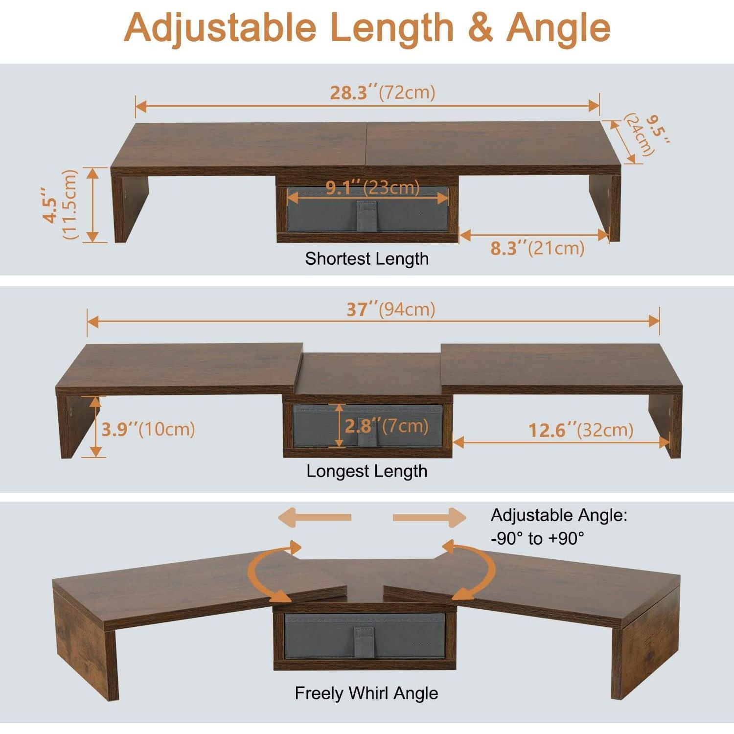 3 Shelf Monitor Stand Riser With Drawer - Length and Angle Adjustable Dual Riser With Storage Corner Desk Shelf Organizer Large Computer Stand for 2 Monitors/Laptop (Brown, 1 Drawer)