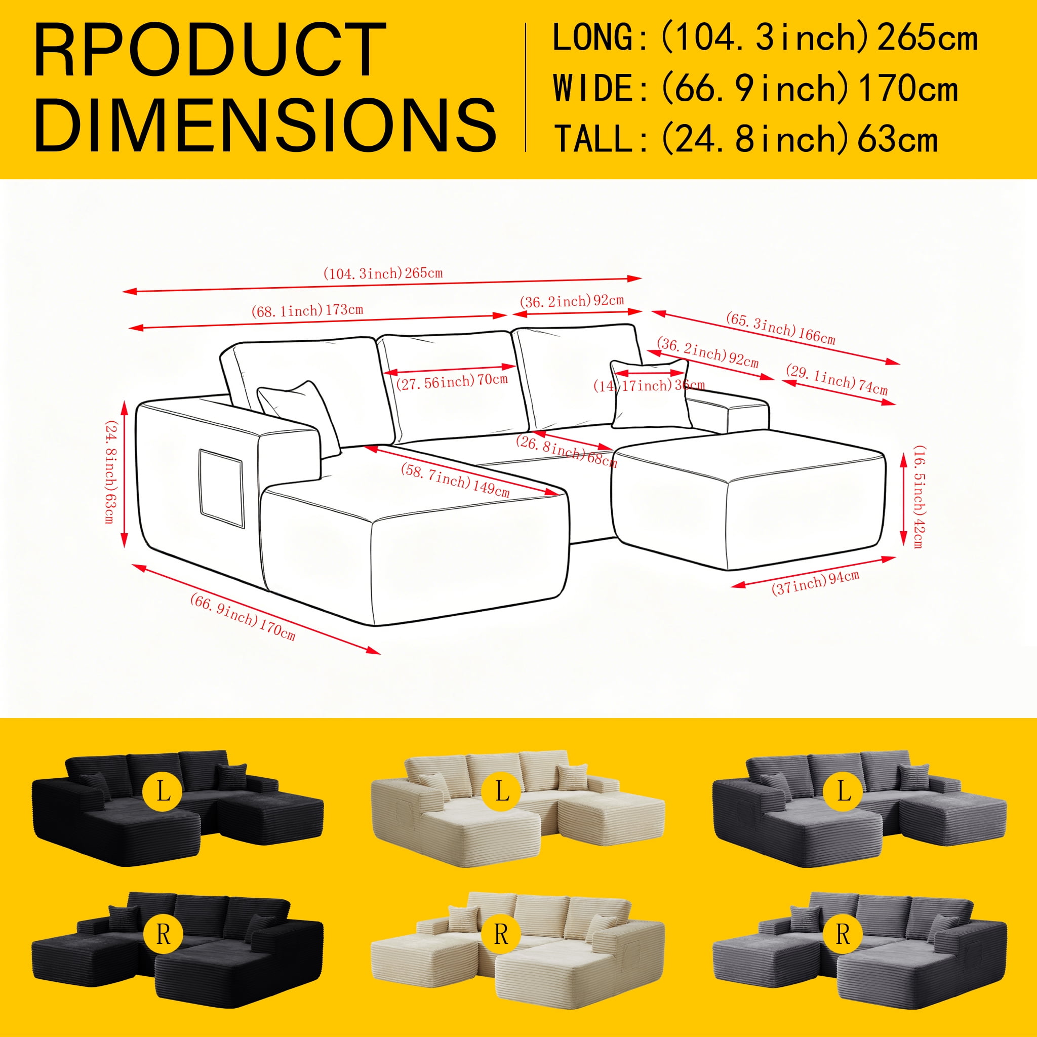 104" Premium Corduroy Sectional Sofa with Reversible Chaise, U-Shape Modular Couch with Deep Seating, Pocket Spring Cushions, Side Pockets, Tool-Free Assembly for Living Room, Left Facing (Beige)