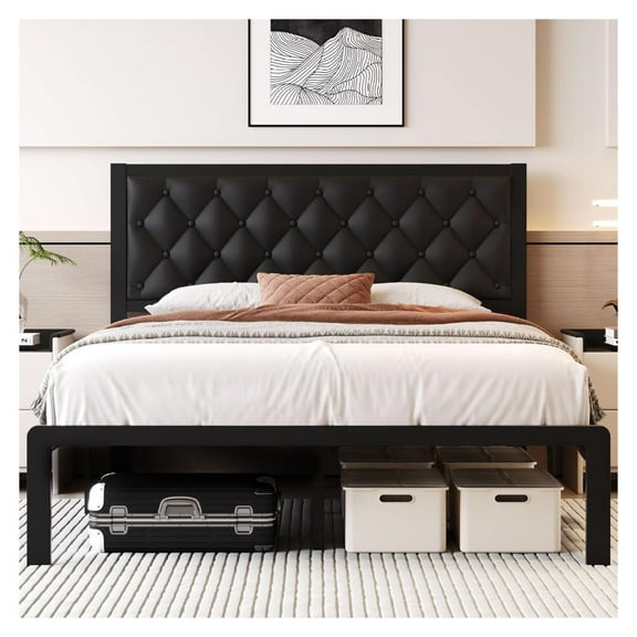 Queen Bed Frame with Headboard PU Leather Upholstered Bed Frame Platform,All Metal Slats Support Platform Bed Frame with Storage Space,Easy Assembly,Noise ,No Box Spring Needed,Black