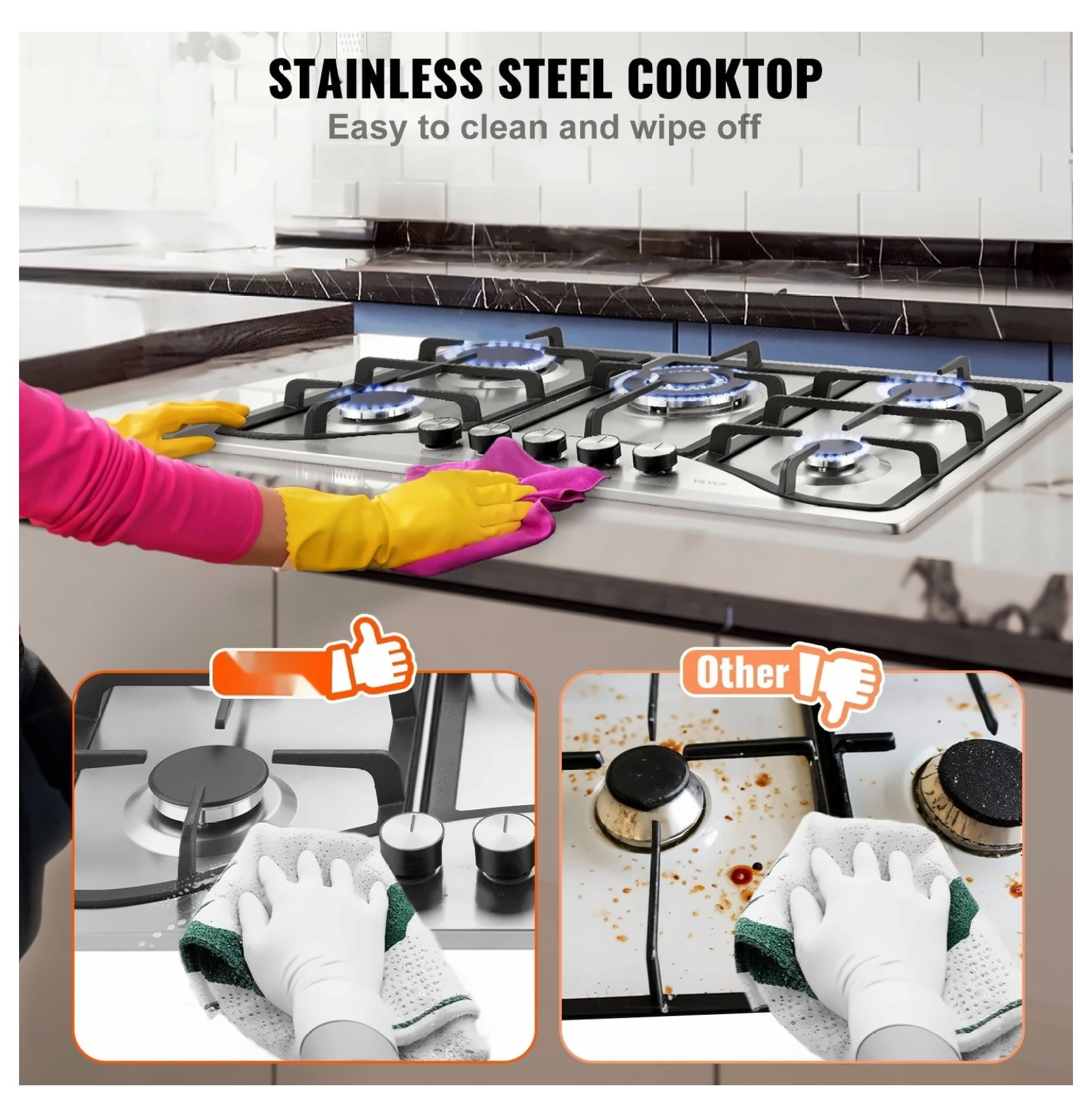 30 inch Gas Cooktop 5 Burners, 12250 BTU Built-in Stainless Steel Stove Top, LPG/NG Convertible, Thermocouple Protection, Natural Gas Hob