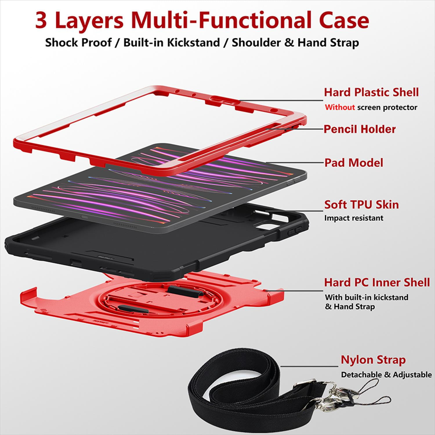 Shockproof Case for Apple iPad Pro 11 Inch 2024 M4, with Pencil Holder Military Grade Protection Rotating Stand Hand Strap Shoulder Strap Bumper Rugged Case for iPad Pro 11" 2024, Red