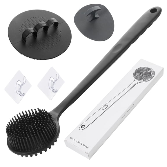 Abaima 3-Pack Silicone Back Scrubber Set with 14" Long Handle, Body and Face Brushes   2 Hooks - Deep Exfoliating and Lathering Massage Combo for Women Men Home and Travel