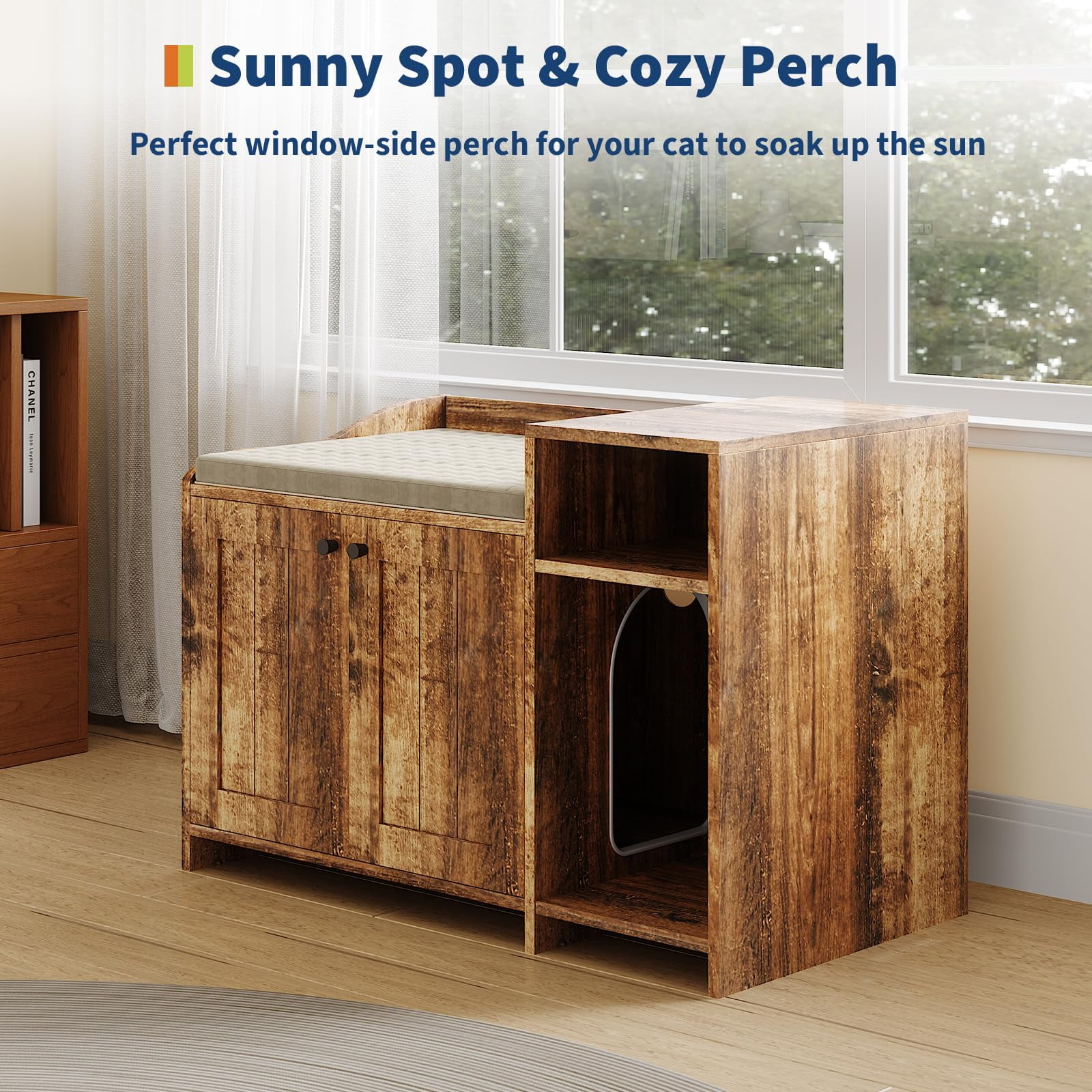 Soonbuy Cat Litter Box Enclosure Furniture, Hidden Litter Box Cabinet, Indoor Wooden Cat Washroom with Storage, Pet House, Dog Proof Hideaway Kitty Covered Litter Box Enclosure