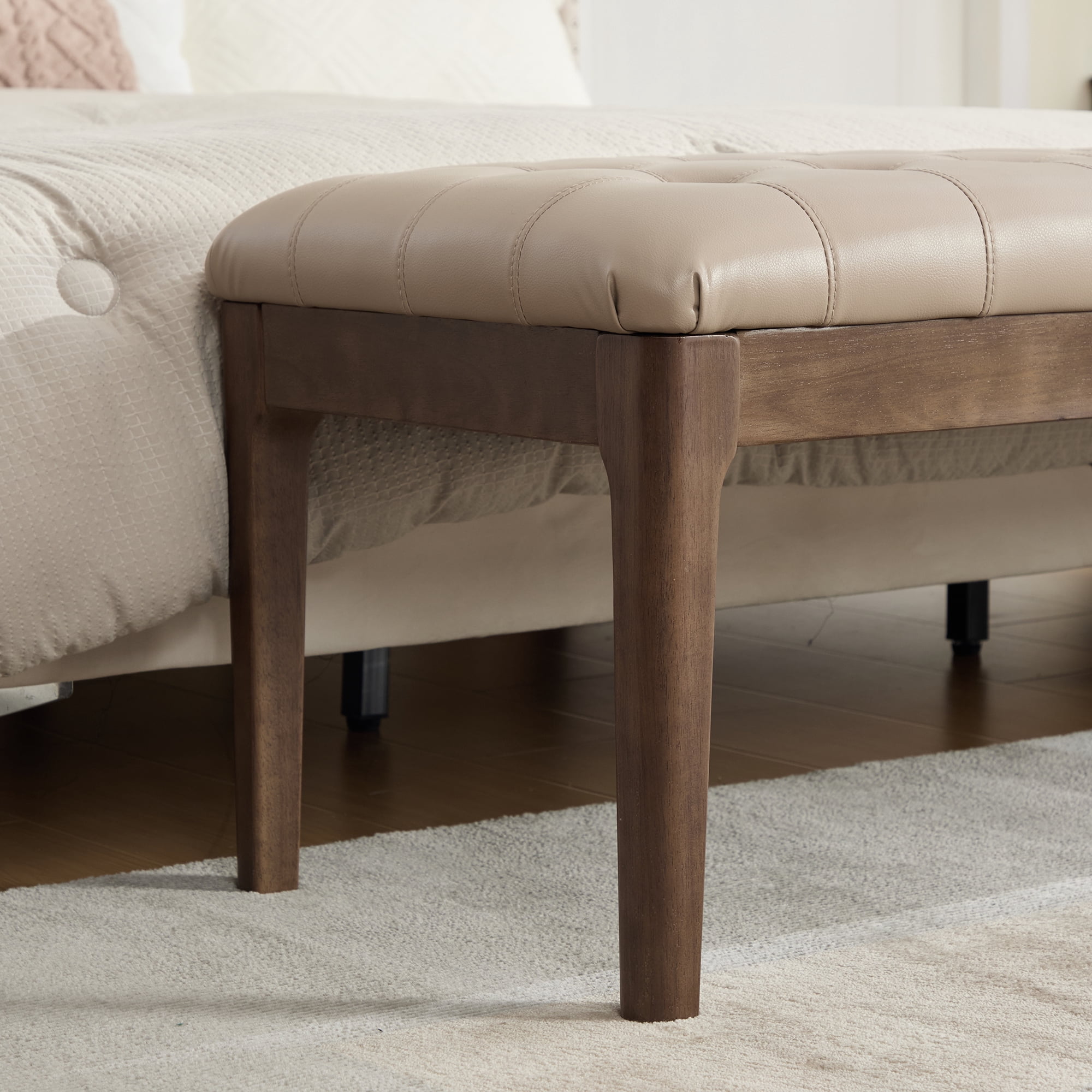 Aukfa 66" Upholstered Faux Leather Bedroom Bench with Button Tufted Design and Bolster Pillow,Solid Rubberwood,Taupe