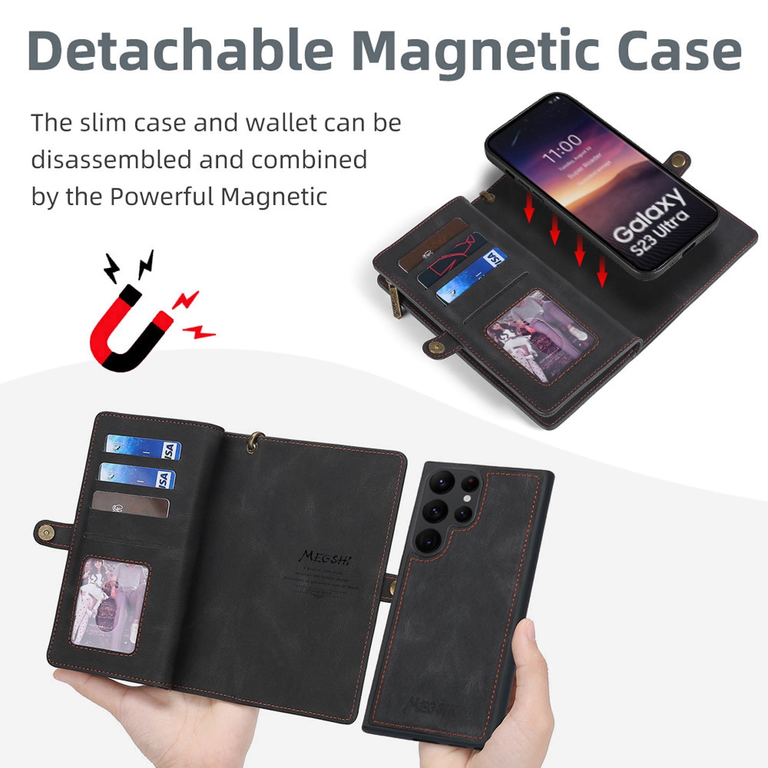 for Samsung Galaxy S25 Ultra Case for Women Men, Removable Durable PU Leather Magnetic Flip Strap Wristlet Zipper Purse Card Holder Detachable Wallet Phone Cases for Samsung Galaxy S25 Ultra, Black