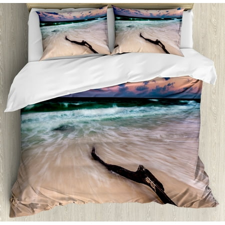 Driftwood Duvet Cover Set, Seascape Theme with Driftwood on Deserted Beach at Sunset Digital Image, Decorative Bedding Set with Pillow Shams, Sand Brown Apricot, by