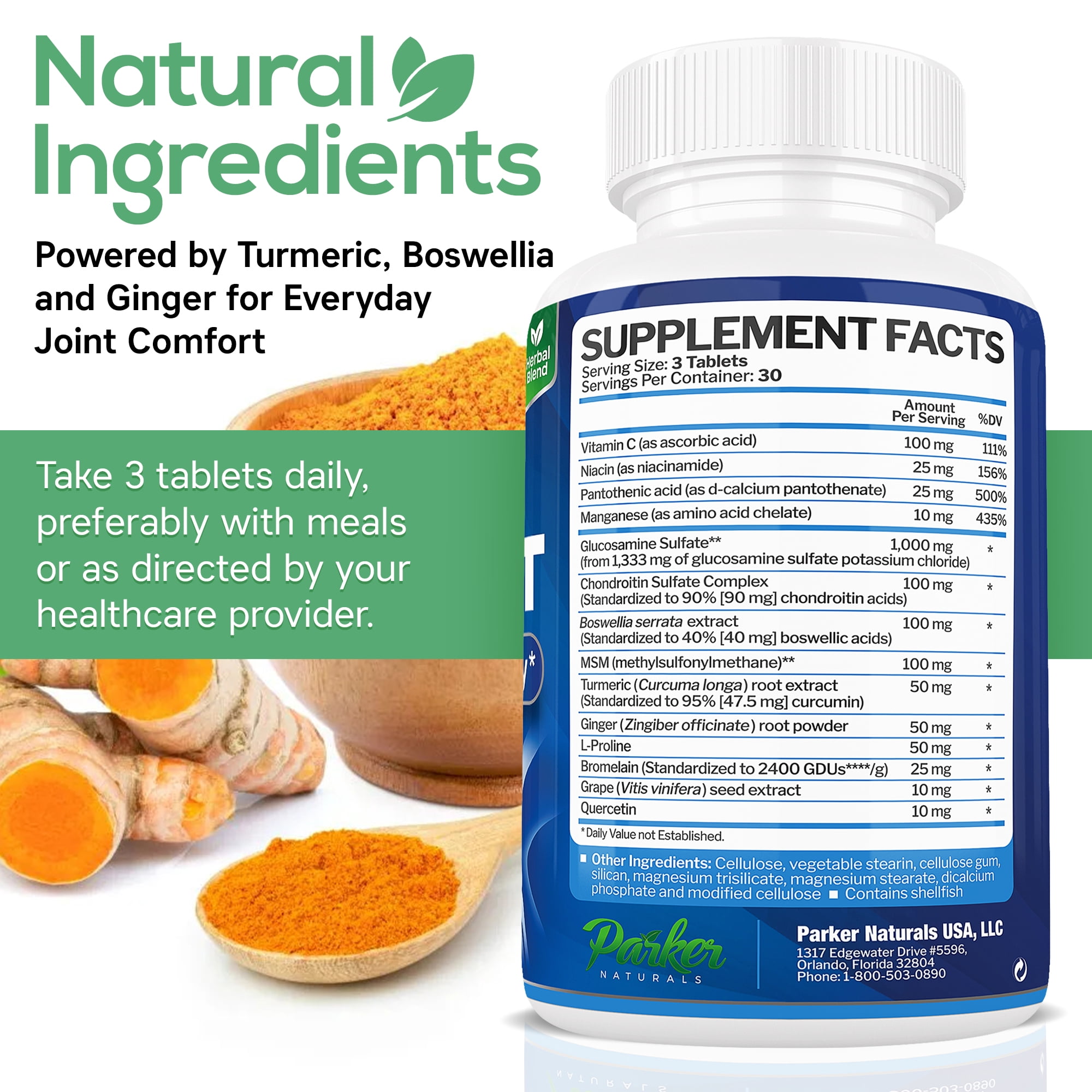 Parker Naturals Joint Support Supplement with Glucosamine, Chondroitin, Turmeric, MSM, and Boswellia for Joint Health, 90 Tablets