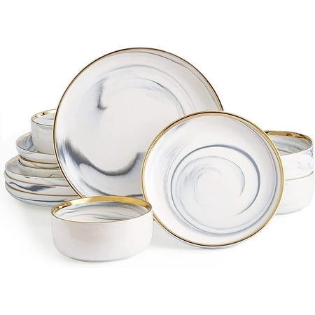 

Plates and Bowls Sets for 4 Gold Dinnerware Sets 12 Piece Marble Porcelain Round Stoneware Dinner Dish Sets