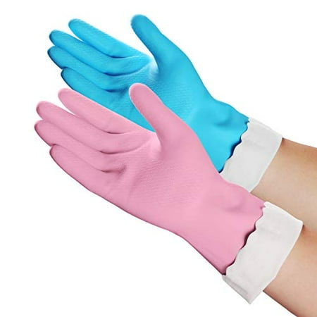 Cleaning Dishwashing Gloves - Household Kitchen Soft Cotton Flock Lining Gloves - 2 Pairs Reusable Waterproof Rubber Gloves(Medium  2 Colors)