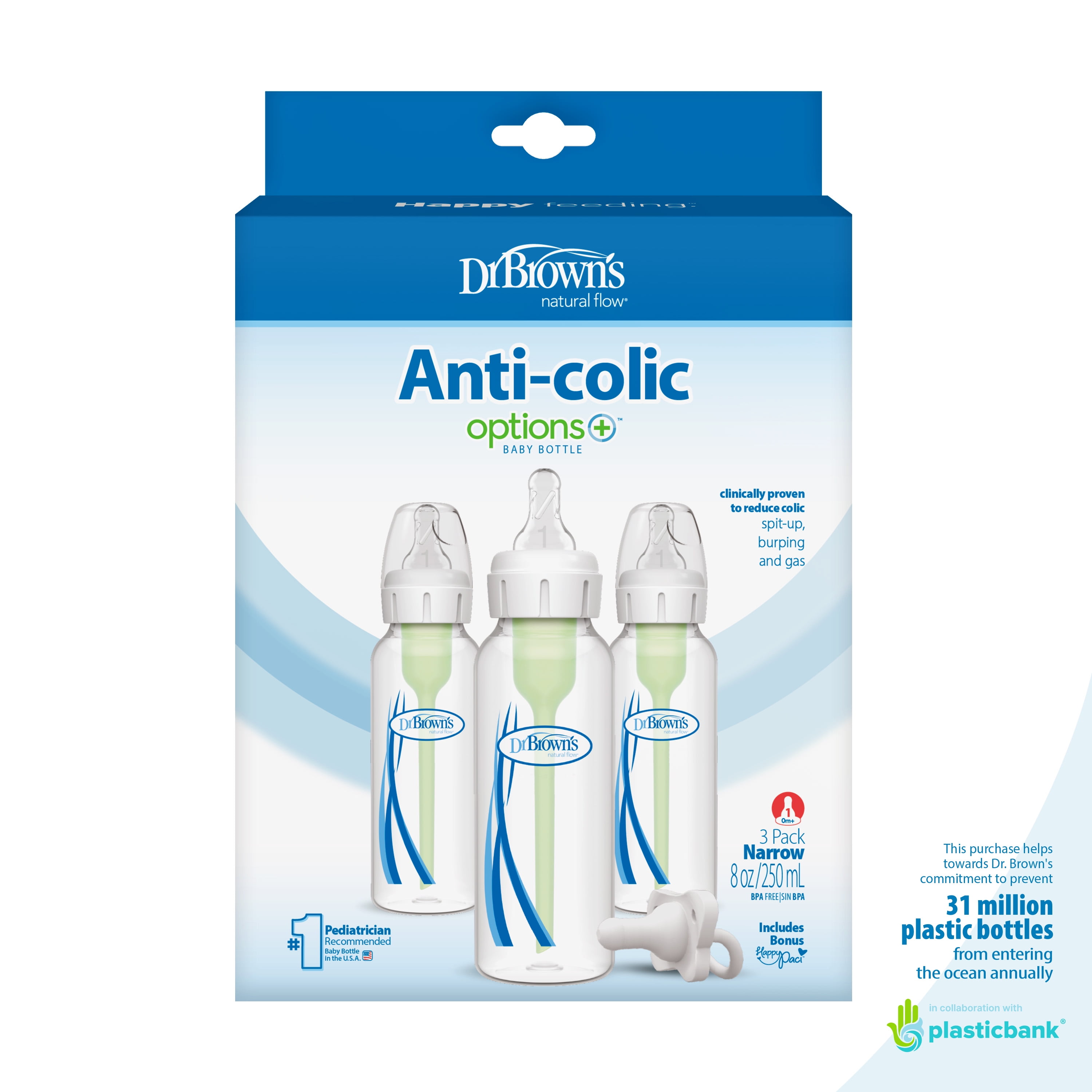 Dr. Brown's Natural Flow Anti-Colic Options+ Narrow Baby Bottle, 8oz, 3 Pack + HappyPaci