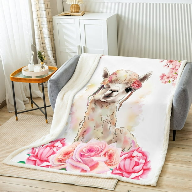 Cute Llama Fuzzy Blanket Kawaii Animal Print Fleece Blanket for Girls Boys Teens Cartoon Animal Wildlife Theme Throw Blanket Lovely Alpaca with Pink