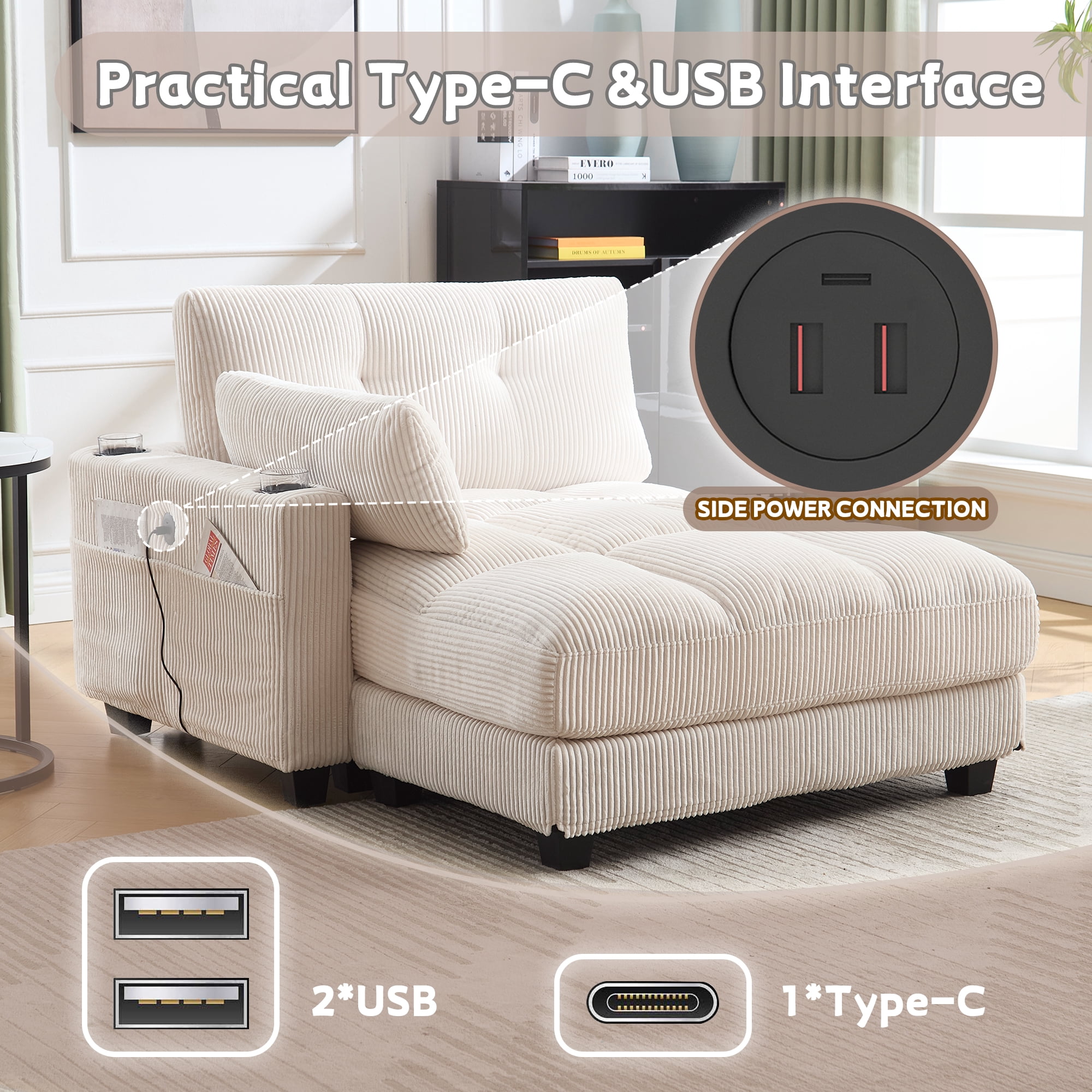 MOONMISS Corduroy Upholstered Soft Deep Seat Sleeper Sofa with USB,TYPE-C&2 Cup Holders-Beige