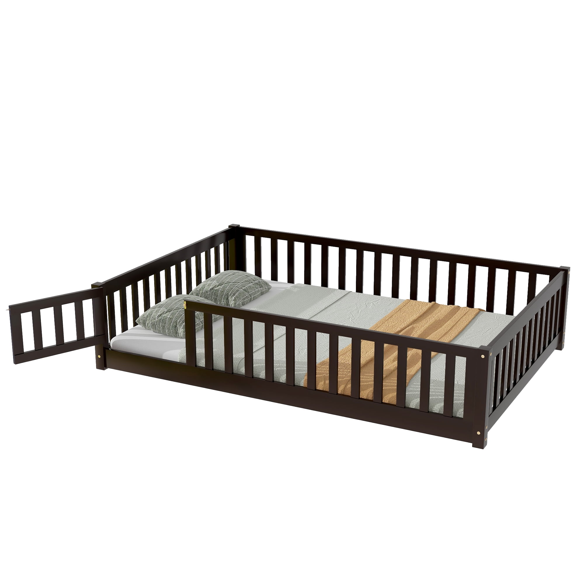 Miniyam Full Size Toddler Floor Bed with Fence, Espresso