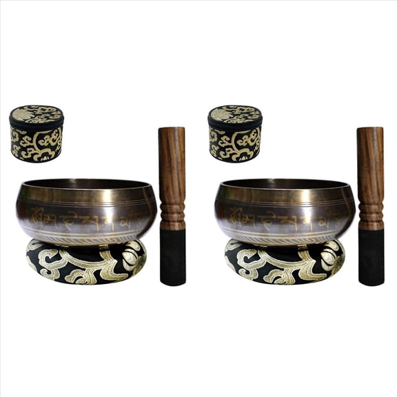 2X Tibetan Singing Bowl Set with New Dual-End Stroker Cushion Handcrafted in Nepal for Meditation Healing,2 x copper bowl 2 x bowl stick 2 x bowl mat 2 x bowl storage box,Black