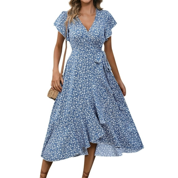 Dress, Wedding Guest Floral Chiffon Short Sleeve Ruffle V Neck Tie Tunic Flowy Maxi Beach Dress Womens Summer Royal Blue Dress Off The Shoulder For Women Dresses Maxi (XXL, Blue) ZMTing