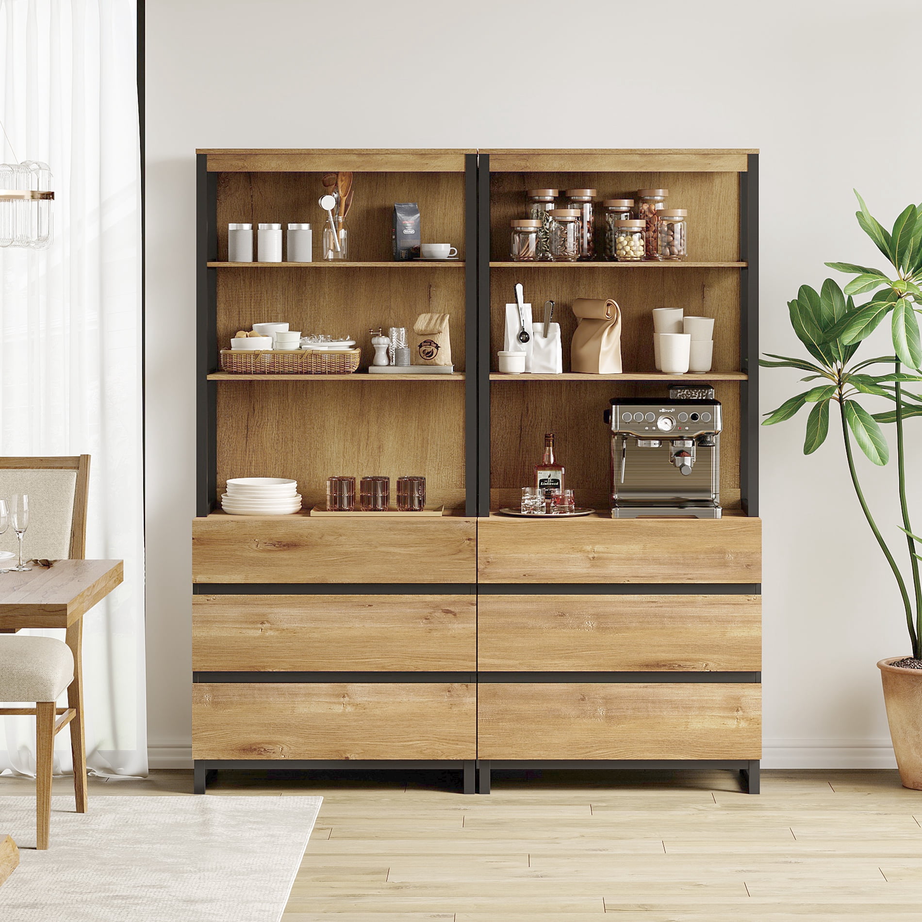 WAMPAT 2 PCS Modern 72" Tall Bookcase with 6 Drawers and Open Book Shelfs, Library Book Shelf with Storage Cabinet and Metal Base, Wood Freestanding Bookshelves for Home Office, Living Room, Oak