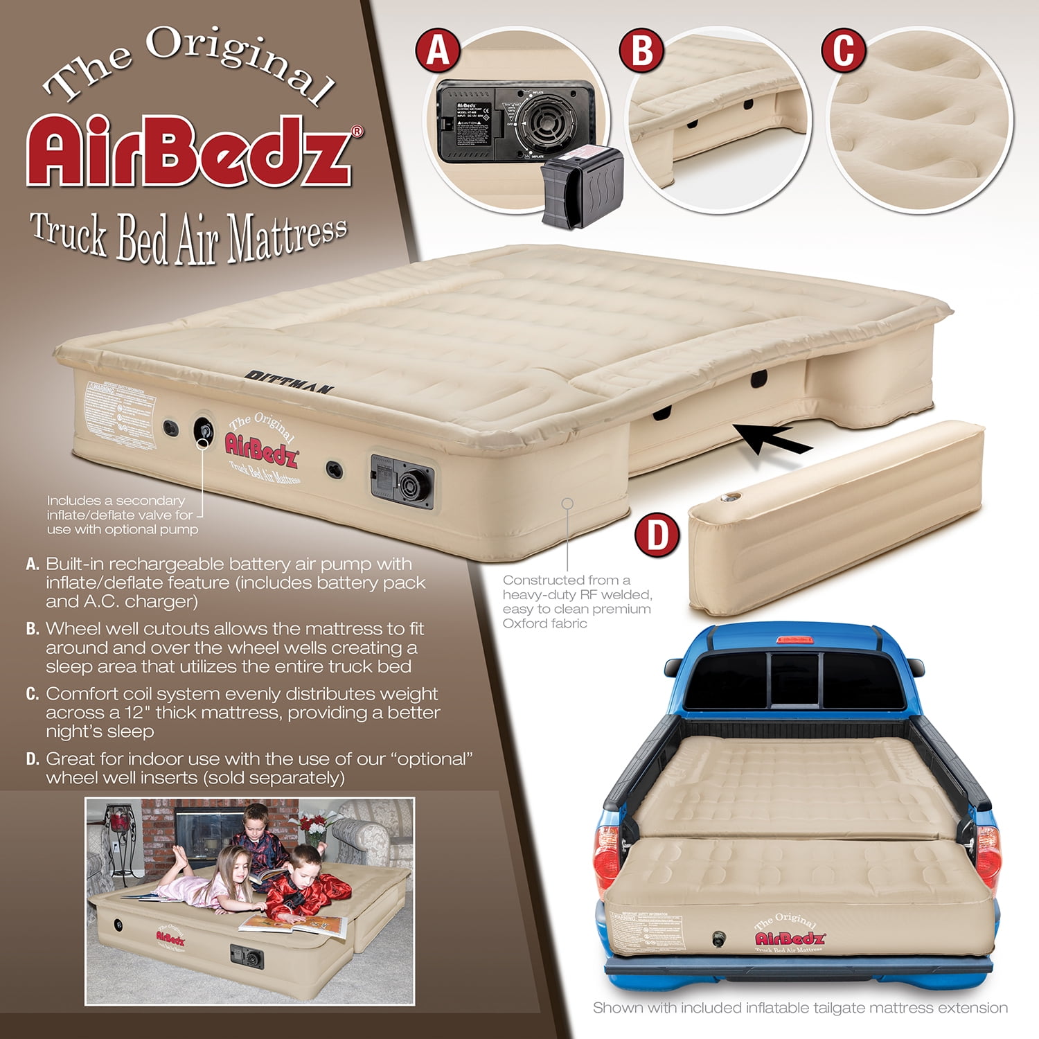 Airbedz by Pittman Outdoors - Truck Bed Air Mattress Full Size 5.5'-5.8' Ft Bed With Built-In Rechargeable Battery Air Pump & Includes Tailgate Extension Tan