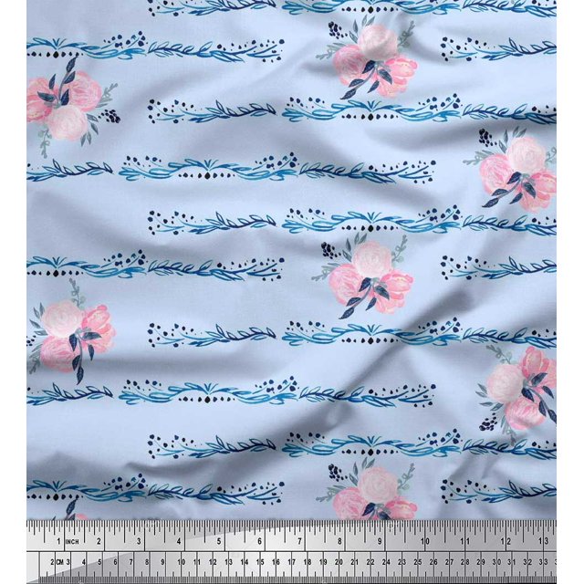 Soimoi Blue Viscose Chiffon Fabric Leaves & Ranunculus Floral Printed Craft Fabric by the Yard 42 Inch Wide