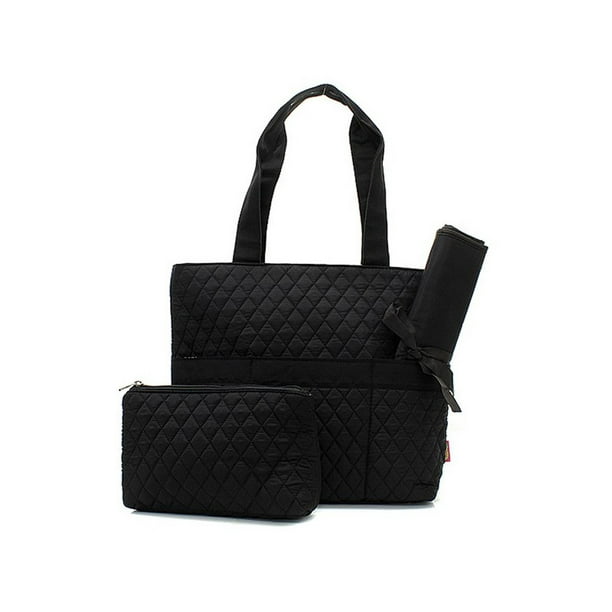 Quilted Diaper Bag 3Piece Set, Solid Black Trim By Quilted