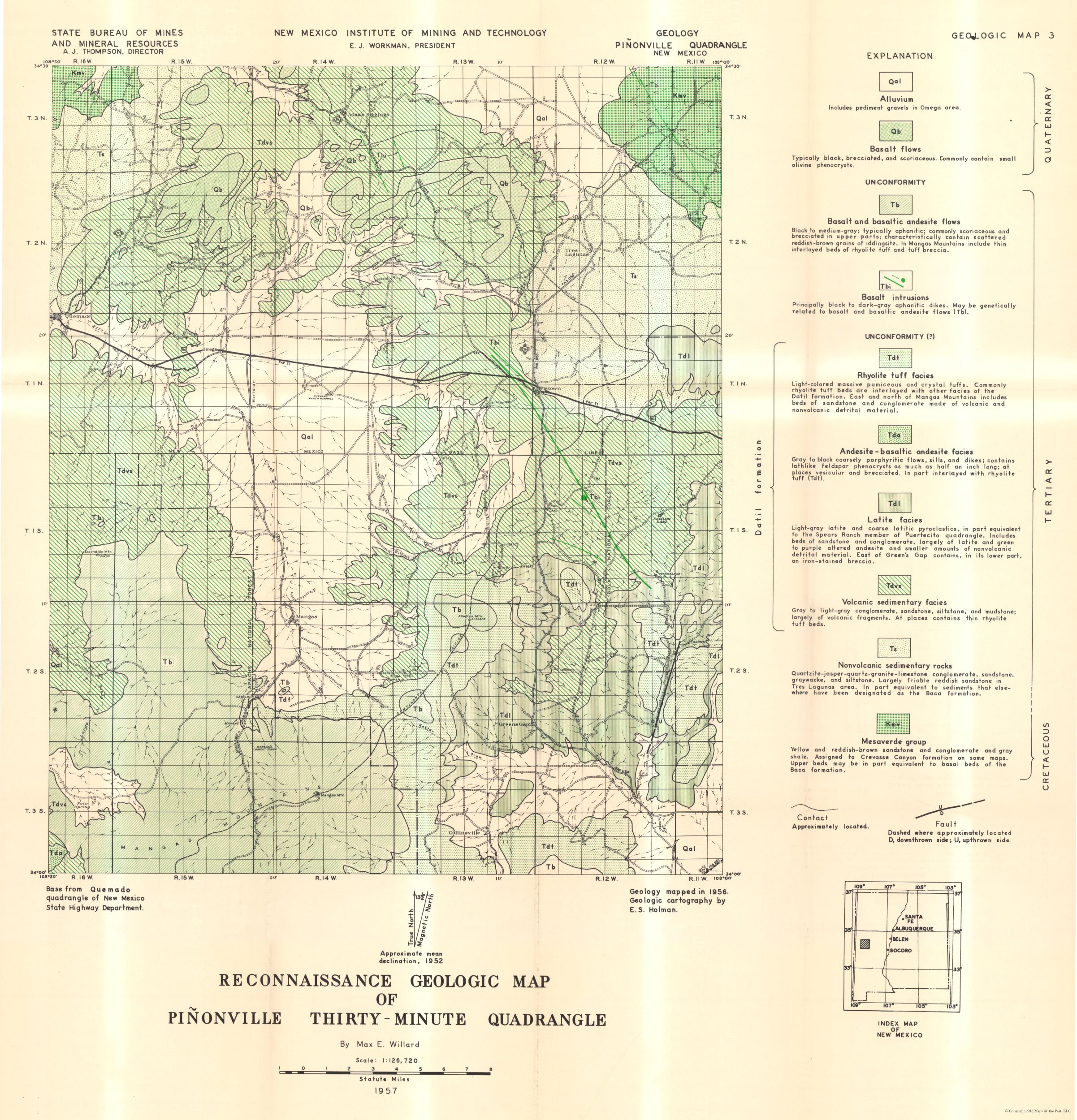 Mining Map Pinonville Quad New Mexico Mines Willard 1957 23.00 x 23.93 Glossy Satin