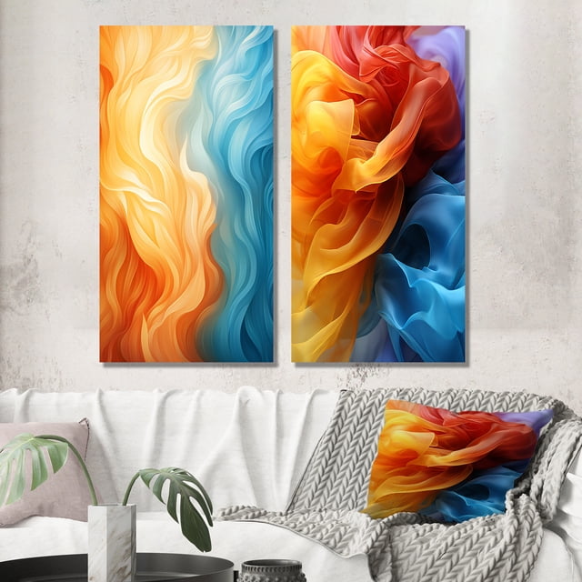 Designart "Orange Turquoise Liquid Art Vibrant II" Abstract Shapes Wall Art Set Of 2 - Transitional Blue Wall Decor Set Of 2
