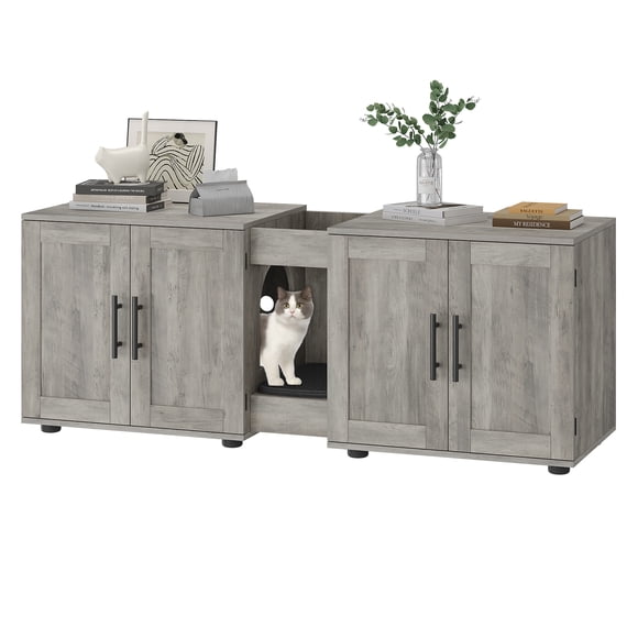 Mueble oculto para caja de arena de gatos – Doble compartimento para 2 gatos – Tapete rascador incluido – Multifuncional y fácil de limpiar – 140x45x52cm – Gris
