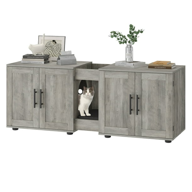 Mueble de Caja de Arena para Gatos de Doble Habitación con Control de Olores, Alfombrilla para Gatos Integrada, Fácil Limpieza