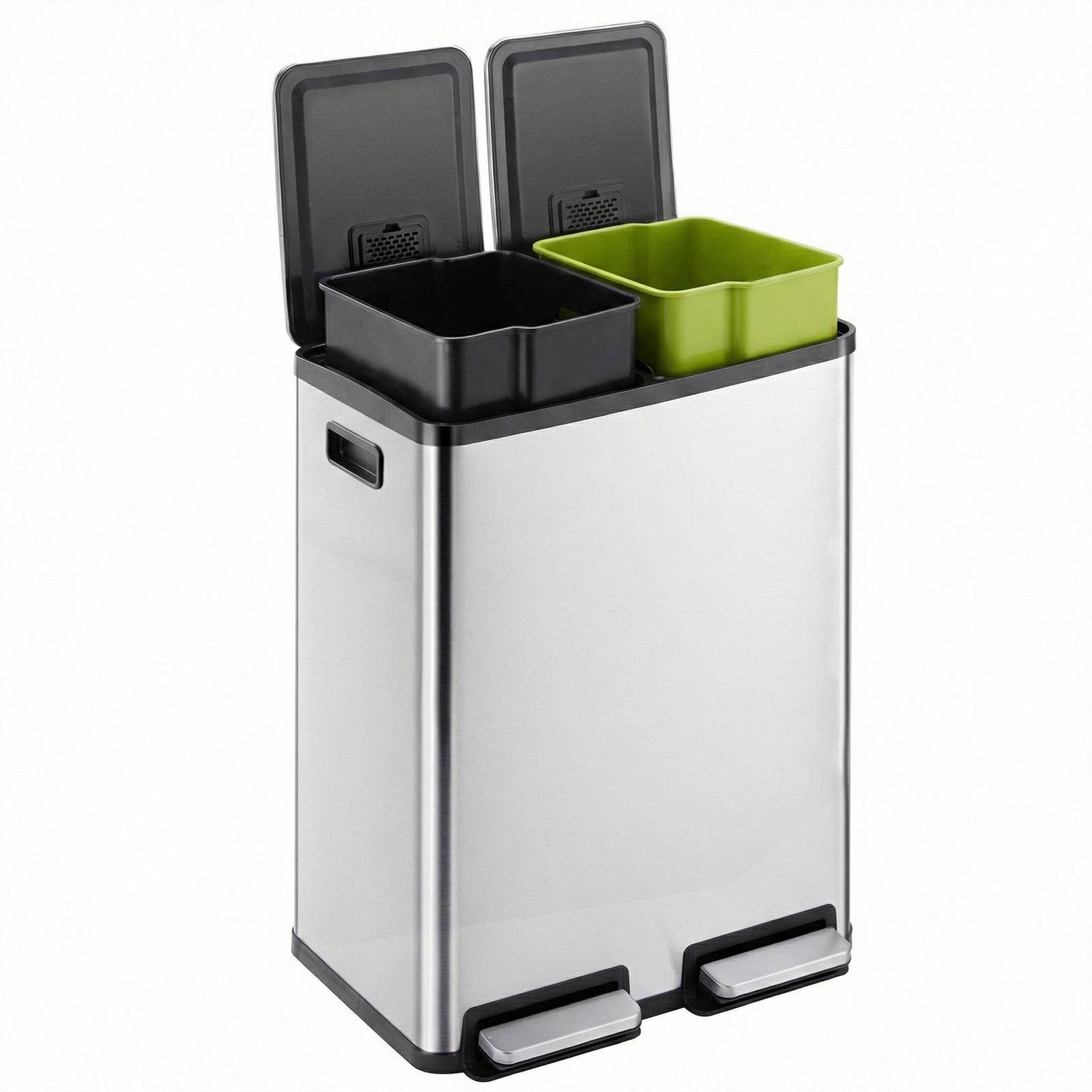 CONCETTA Dual Compartment 60L Trash Can, 2 x 8 Gallon, Stainless Steel Garbage Bin with Soft-Close Lid,  Removable Inner Buckets, for Kitchen