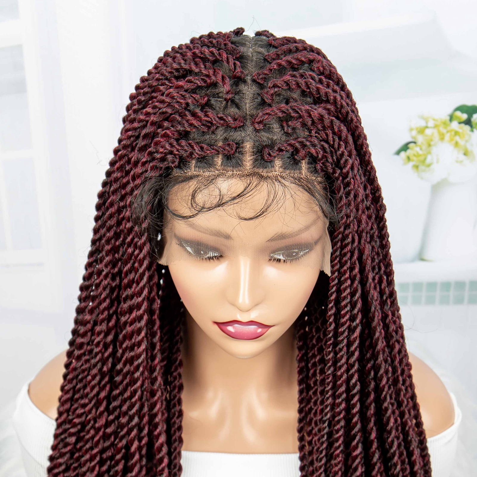 Super Long 40 Inches Twist Braided Wigs Synthetic Full Lace Frontal Wig Knotless Braiding Wigs Pre Plucked with Baby Hair for Black Women 1B/BUG Color
