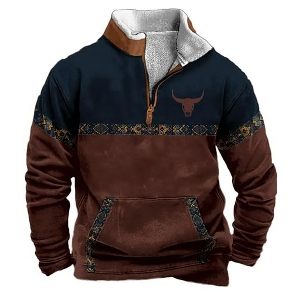 Mens Sweatshirts Aztec Cowboy Vintage Graphic Quarter Zip Up Collared Shirts with Pocket 2025 Fall Winter Western Loose Sweater
