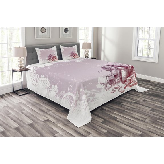 Ambesonne Wine Quilted Bedspread Set 3 Pcs, Grunge Abstract Framework, Queen Size, Lilac and White