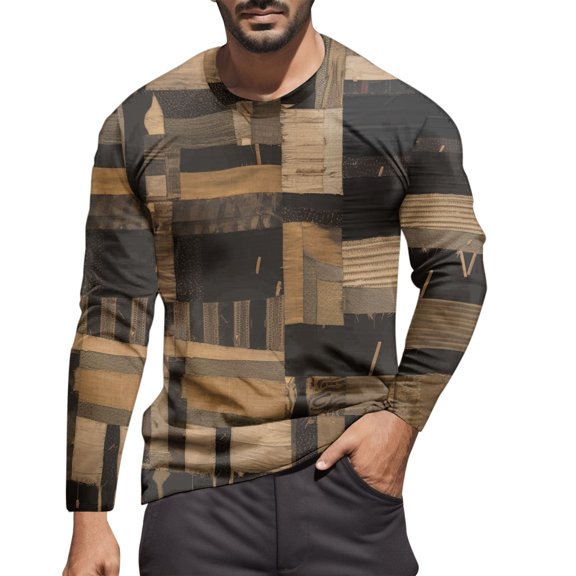 Big and Tall Shirts for Men Male Autumn And Winter Fashion Printed Round Neck Long Sleeve T Shirt Retro Full Print Tops T Shirt Hoodies for Men Turtle Neck Top Large Tall Shirts Fitted Casual XL