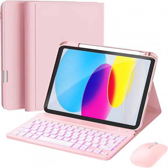 GJX for Ipad 11Th / 10Th Generation Case with Keyboard,Mouse And Detachable Wireless Keyboard,7-Color Backlight,Slim Case with Pencil Holder,Light Pink