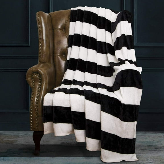 Flannel Throw Blanket, Super Soft with Black and White Stripe (51"x68")