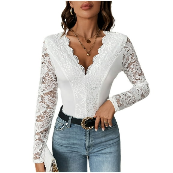JGGSPWM Women's Lace Bodysuit Sexy Scalloped Deep V Neck Long Sleeve Body Suits Solid Color Slim Fit Going Out Tops White XL