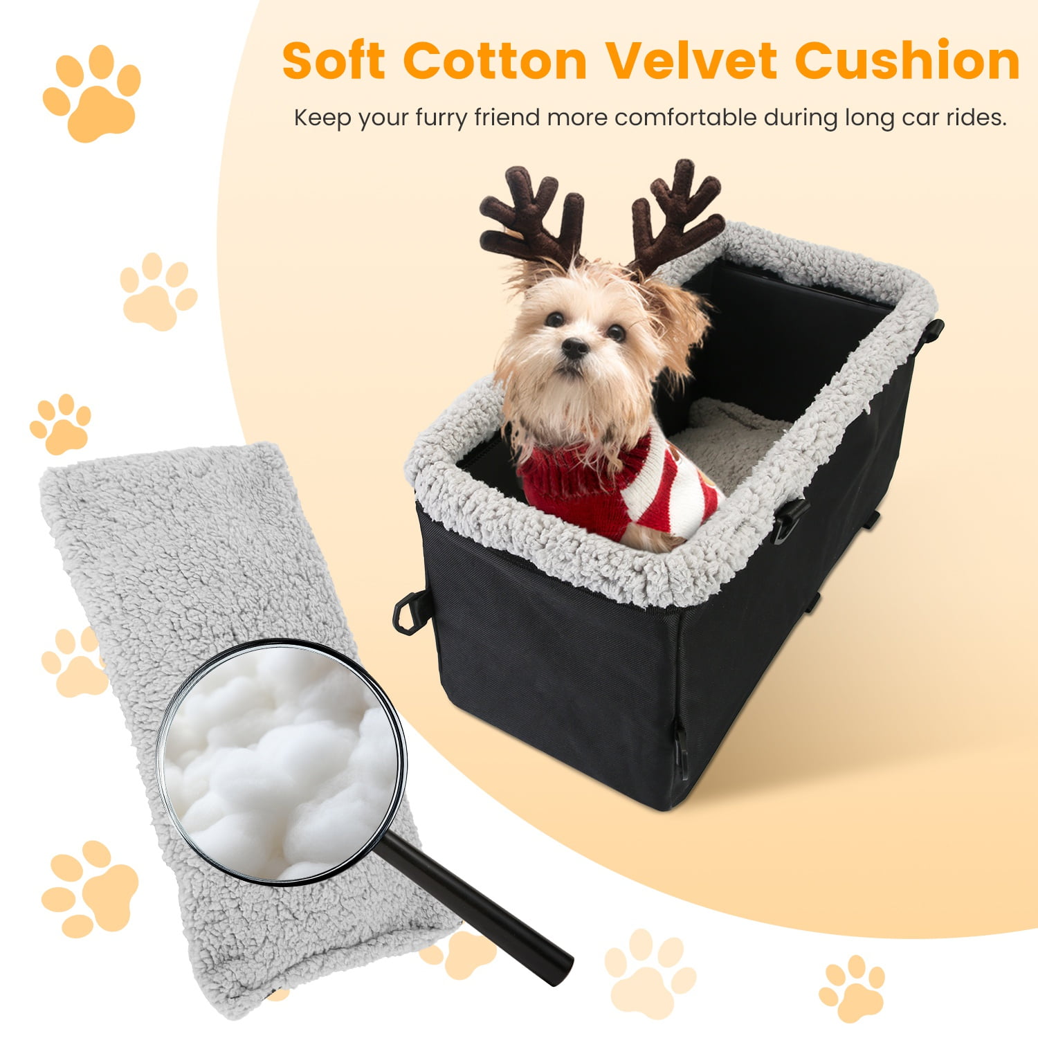 1Pc Small Dog Car Cotton Velvet Seat W/ Harness Side Pocket For Dogs Cats Up To 9LBS, Center Console Pet Booster Cushion Travel Car Seat
