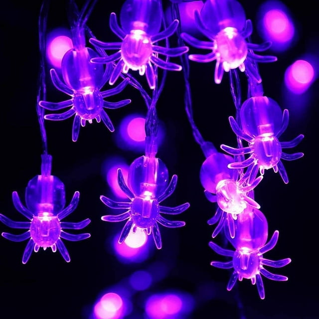 Luces de araña para Halloween, 20 luces LED a pilas, color morado