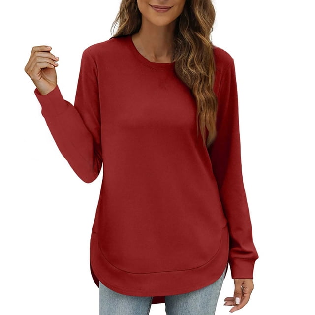MITCOWBOY Tuniques pour Femmes, Chandails en Molleton à Col Rond Manches Longues Ourlet Incurvé Chandails en Molleton Sans Capuche, Hauts d'Automne pour Femmes Tendance Rouge 2TG Liquidation!