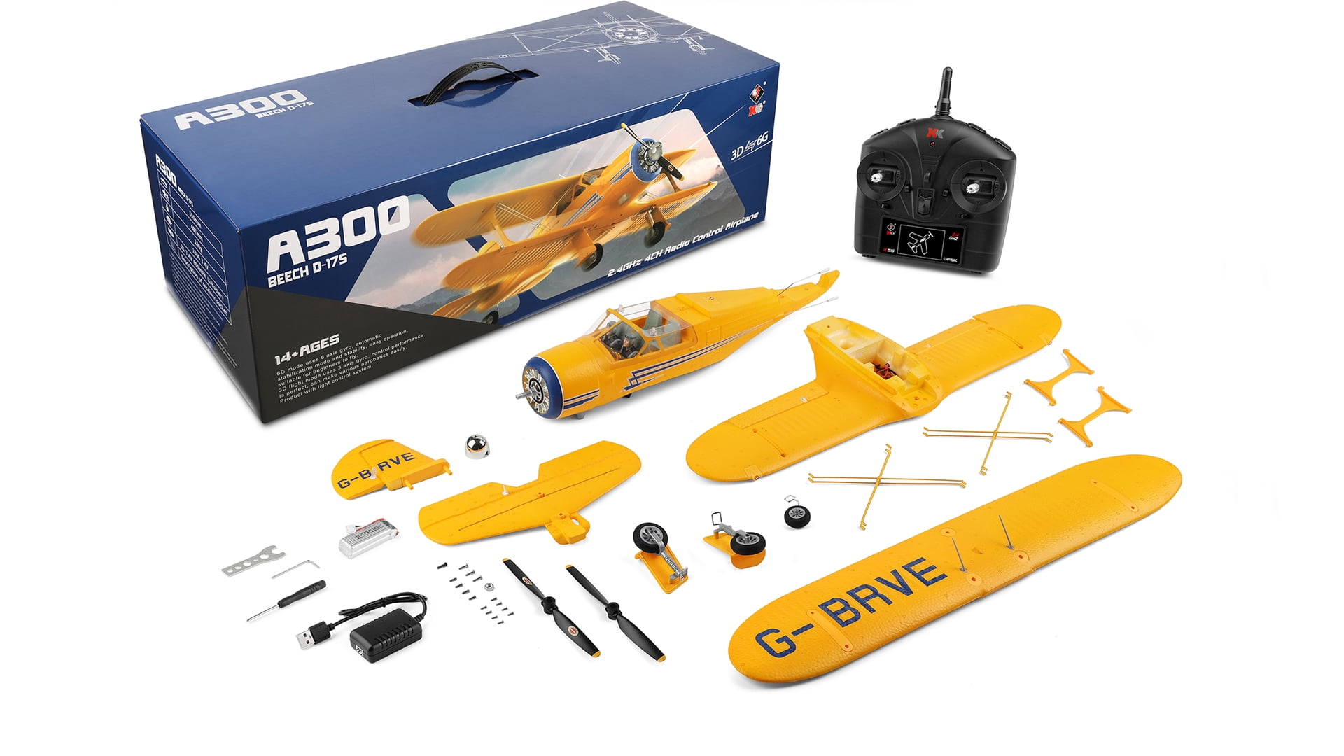 Bruce&Shark RC Plane WLtoys A300 4-Ch, Beechcraft D-17 RC Airplanes with Lights, 6G/3D Brushless RC Planes with 2 Batteries, 2.4G Remote Control RC Airplanes Gifts for Adults