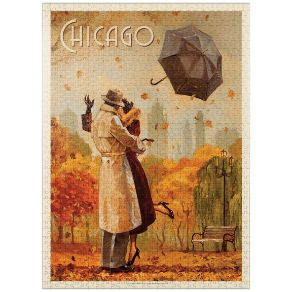 MyPuzzle - Chicago: Windy City Kiss, Vintage Poster - Premium 1000 Piece Jigsaw Puzzle for Adults