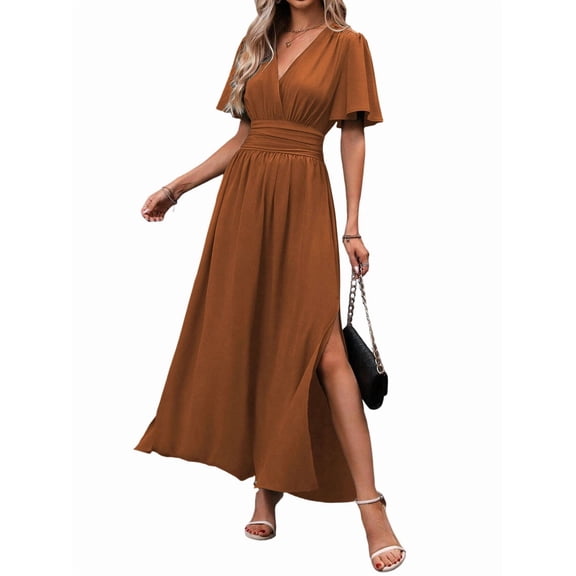 Women'S Summer Dresses Short Sleeve Maxi Dress Casual V Neck Flowy Sundress Caramel Color L