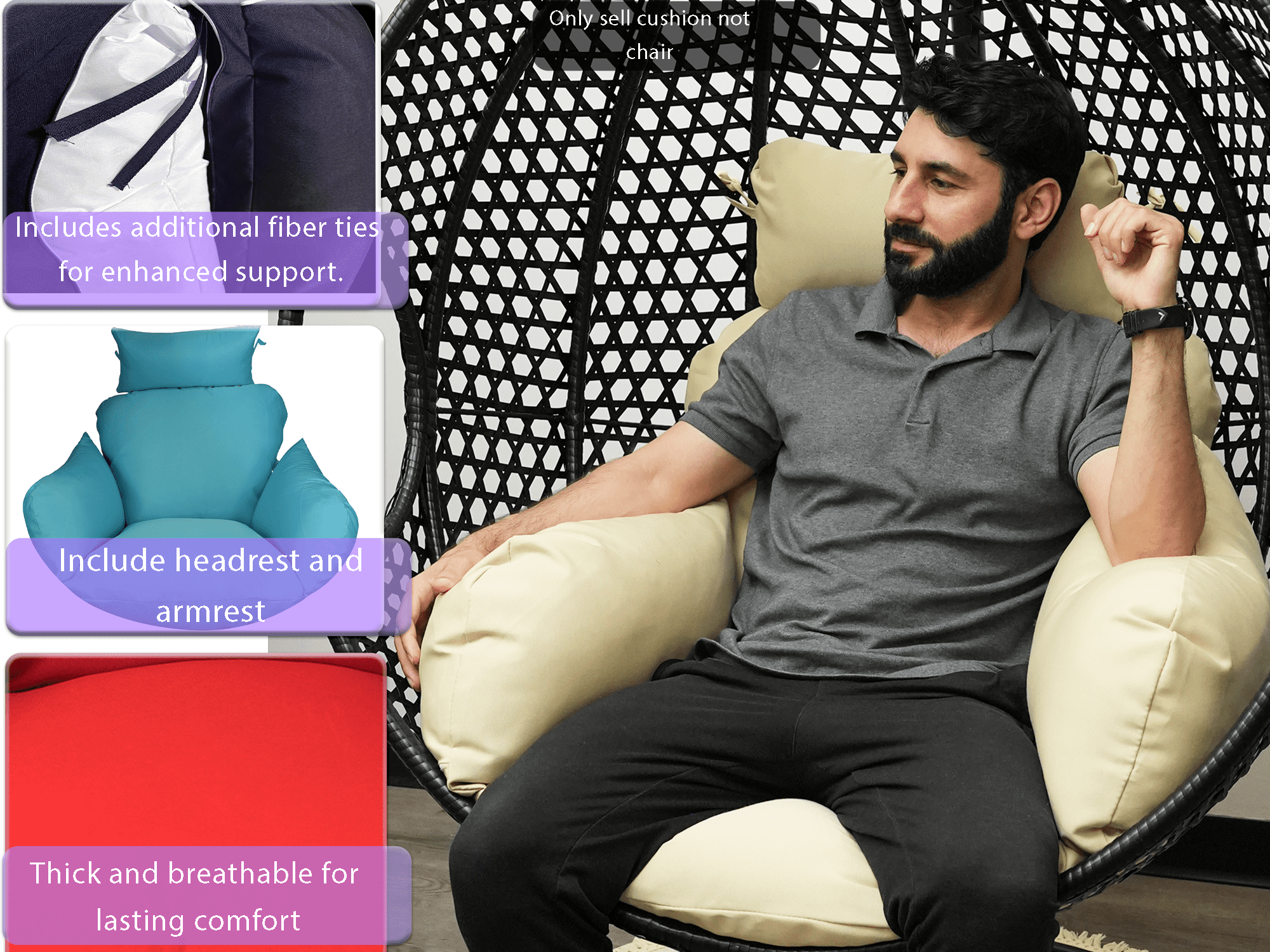 SK CHUMRA Outdoor/Indoor Cushion Hanging Swing Egg Chair Mats Pads NonSlip Soft Washable Cushion with Headrest & Armrest