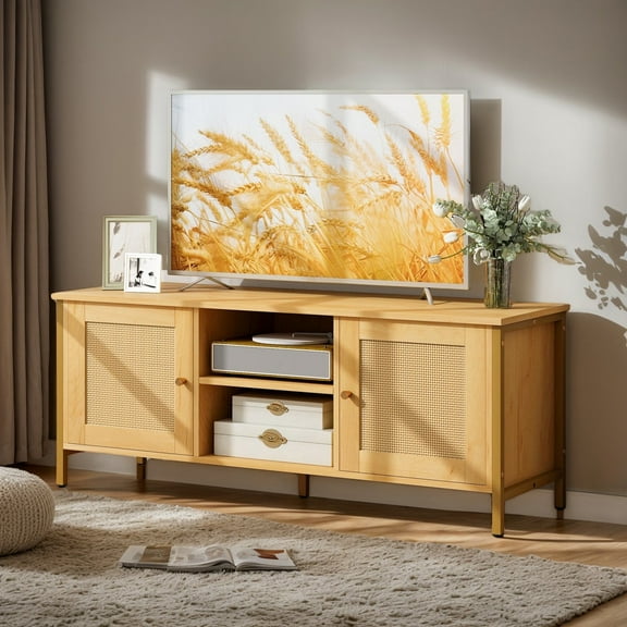 Resenkos Boho TV Stand for TV up to 55 Inches with Faux Rattan Door-Natural, Mid Century Modern TV Stand for Living Room Bedroom